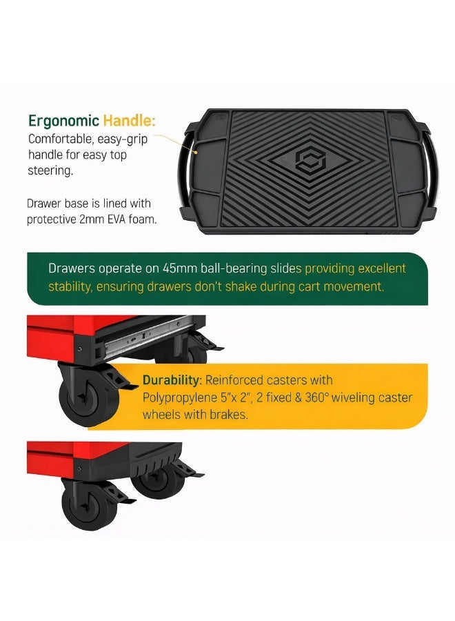 Sata 7 Drawer Roller Cabinet Pro (Red)ST95113G-R, Heavy-Duty Tool Trolley 1.2mm Steel, 800kg Static Load, Lockable Anti-Tip Drawers, Self-Closing Ball-Bearing Slides, Reinforced ABS Worktop with Parts Trays, Pegboard Side Panels - Image 4